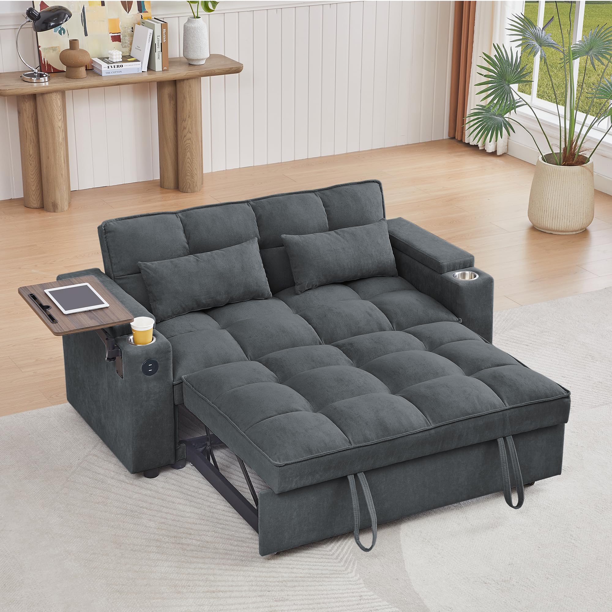 3 in 1 Queen Pull Out Sleeper Sofa Couch Bed ,Oversized Convertible Chenille Futon Loveseat Lounge Recliner with Reclining Backrest ,Storage Armrest ,USB Port,Side Table and Cupholders for Living Room