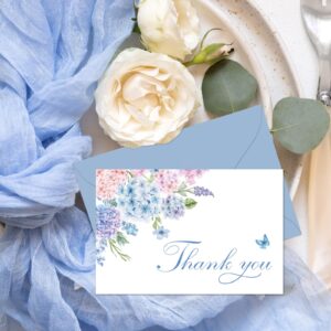 Whaline 24Pcs Blue Hydrangeas Thank You Cards with Envelopes and Stickers Blue Pink Floral Greeting Cards Flower Blank Note Cards for Party Supplies