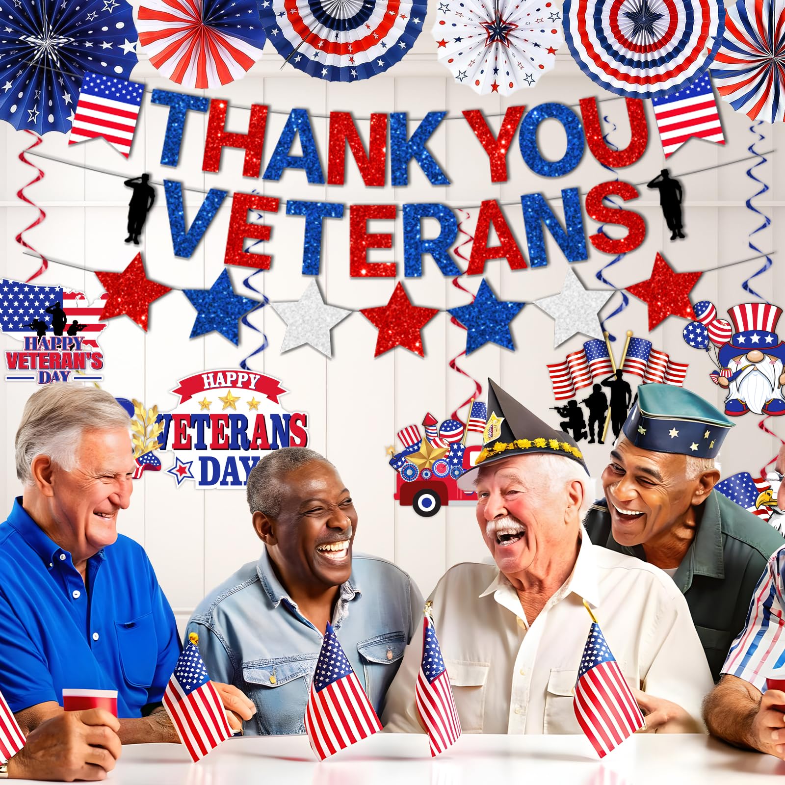 Veterans Day Decorations,Thank You Veterans Banner Happy Veterans Day Decorations Hanging Swirls and Red White Blue Paper Fans for Veterans Day Party Bulletin Board Indoors Patriotic Decorations