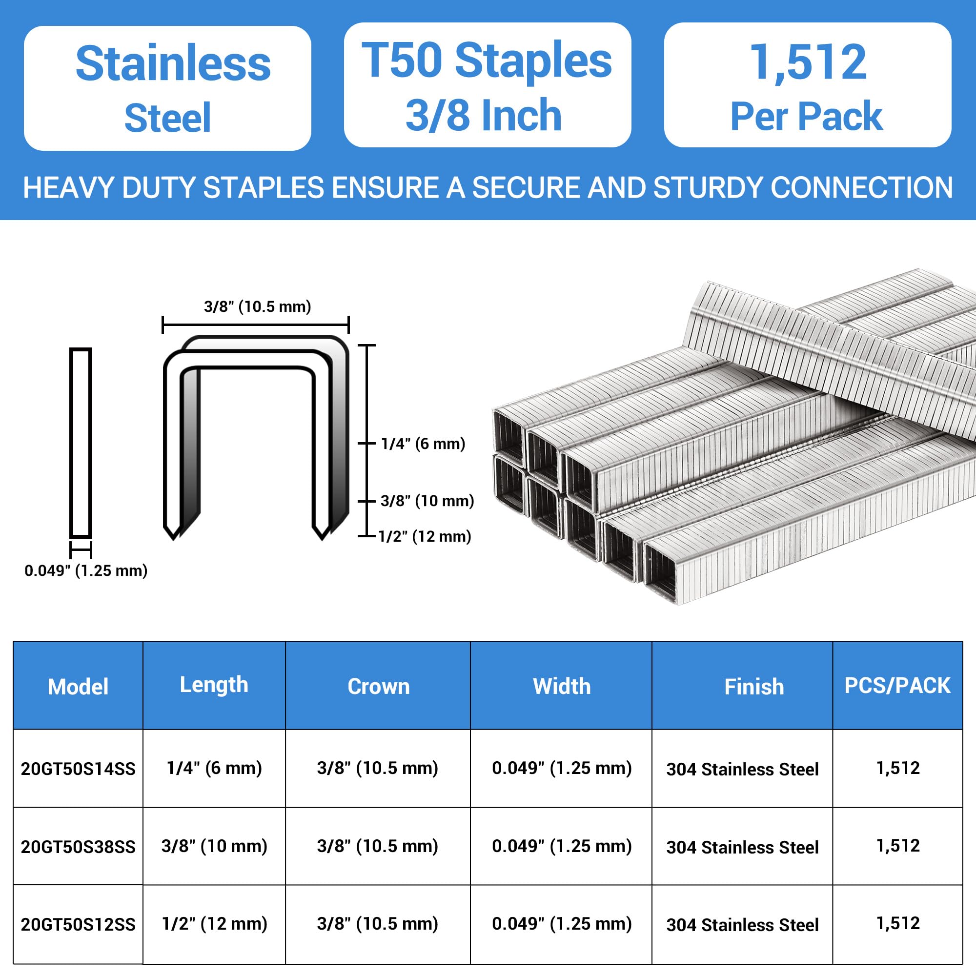 meite T50 Stainless Steel Staples, 3/8 Inch Heavy Duty 304 Stainless Steel Staples for Staple Gun - 1512 Counts, T50 Staple Gun Staples, 20 Gauge 3/8 Inch Crown Upholstery Staples