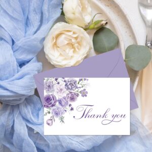 Whaline 24Pcs Lavender Floral Thank You Cards with Envelopes and Stickers Purple Floral Greeting Cards Elegant Flower Blank Note Cards for Party Supplies