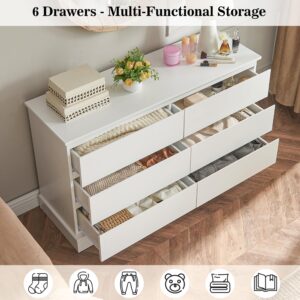 VECHOLL White Dresser for Bedroom, Modern Dresser with 6 Drawers, Bedroom Dresser Furniture, Wide Dressers, Wood Chest of Drawers Storage for Living Room, Hallway, Entryway