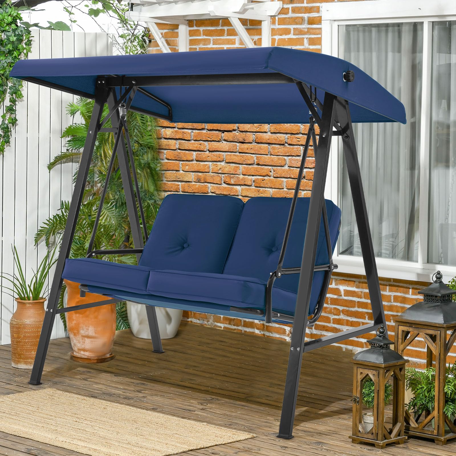 U-MAX 2 Seat Outdoor Patio Swing Chair for Adults, Porch Swings with Adjustable Canopy, Outside Swing Bench with Removable Cushion, Suitable for Backyard, Garden, Yard, Poolside, Balcony (Blue)