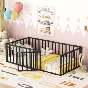 Merax Twin Size Montessori Floor Bed, Metal Toddler Bed Frame w/Convertible Door and Safety Fence, Floor-Bed-Frame for Children Bedroom, Toddlers, Boys Girls, Kids Playroom, Black