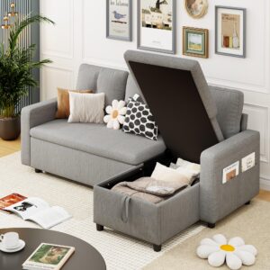 fredees sectional sofa l-shaped sofa couch bed with chaise & usb,couch sleeper pull out bed & storage space, 3-seat fabric convertible sofa, pull out couch for living room, grey