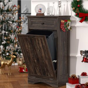 OUTGUAVA 13 Gallons Tilt Out Trash Cabinet Freestanding Kitchen Trash Bin Cabinet Wood Garbage Recycling Cabinet with Hideaway Drawer Pet Proof Trash Can Holder for Kitchen Living Room, Rustic Brown