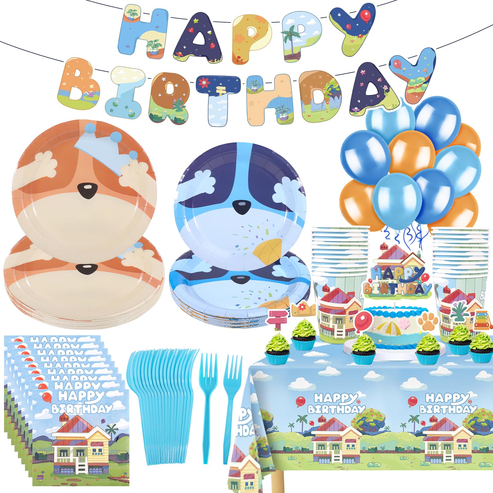 Blue Dog Birthday Party Supplies Serve 20 Guests, Blue Party Decoration Tableware with Blush Nude Orange Blue Balloons, Birthday Banners, Tablecloth, Plates, Napkins, Cups, Forks, Cake Toppers