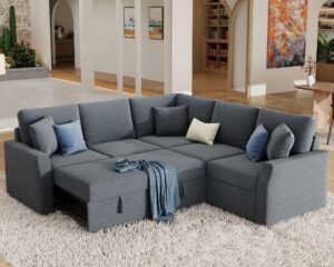 jocisland sofa bed, 85 inch sleeper sofa with pull out bed & storage seat, oversized l shape sectional sofa for living room apartment, grey linen reversible couch