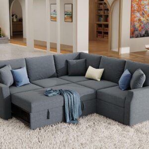 Jocisland Sofa Bed, 85 Inch Sleeper Sofa with Pull Out Bed & Storage Seat, Oversized L Shape Sectional Sofa for Living Room Apartment, Grey Linen Reversible Couch