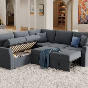 Jocisland Sofa Bed, 85 Inch Sleeper Sofa with Pull Out Bed & Storage Seat, Oversized L Shape Sectional Sofa for Living Room Apartment, Grey Linen Reversible Couch