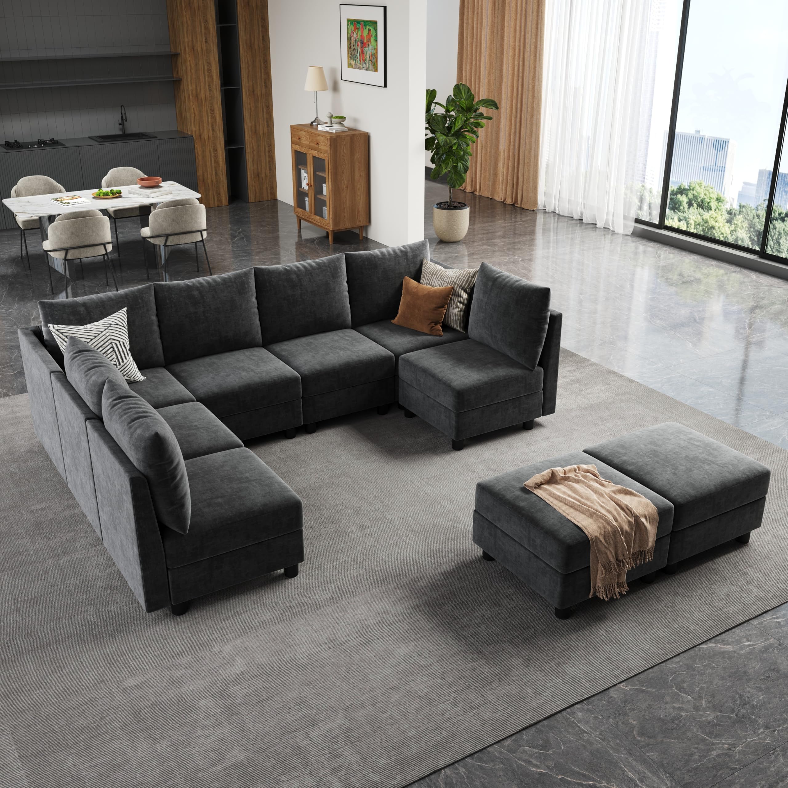 YOUDENOVA Modular Sectional Sleeper Sofa Set, 9 Seats Sleeper Couch with Storage, Sectional Sofa Couch with USB Charging Port, Modern Comfy Chenille Couch for Living Room, Dark Grey