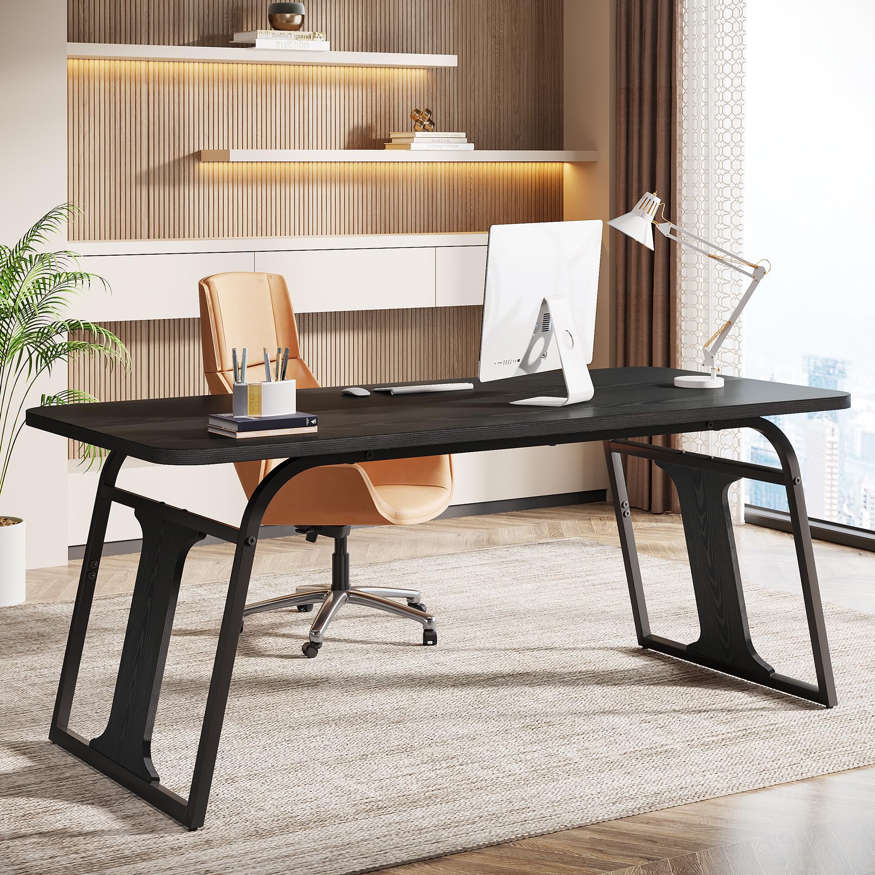 Tribesigns 63-Inch Home Office Desk, Modern Executive Desk with Sturdy Metal Legs, Large Computer Office Desk Workstation, Wooden Writing Table for Home Office, Black