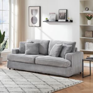 ball & cast 79.3" corduroy upholstered comfy sofa,3 seater couch with deep seat,mordern loveseat with 4 pillows for livingroom, apartment, office, gray