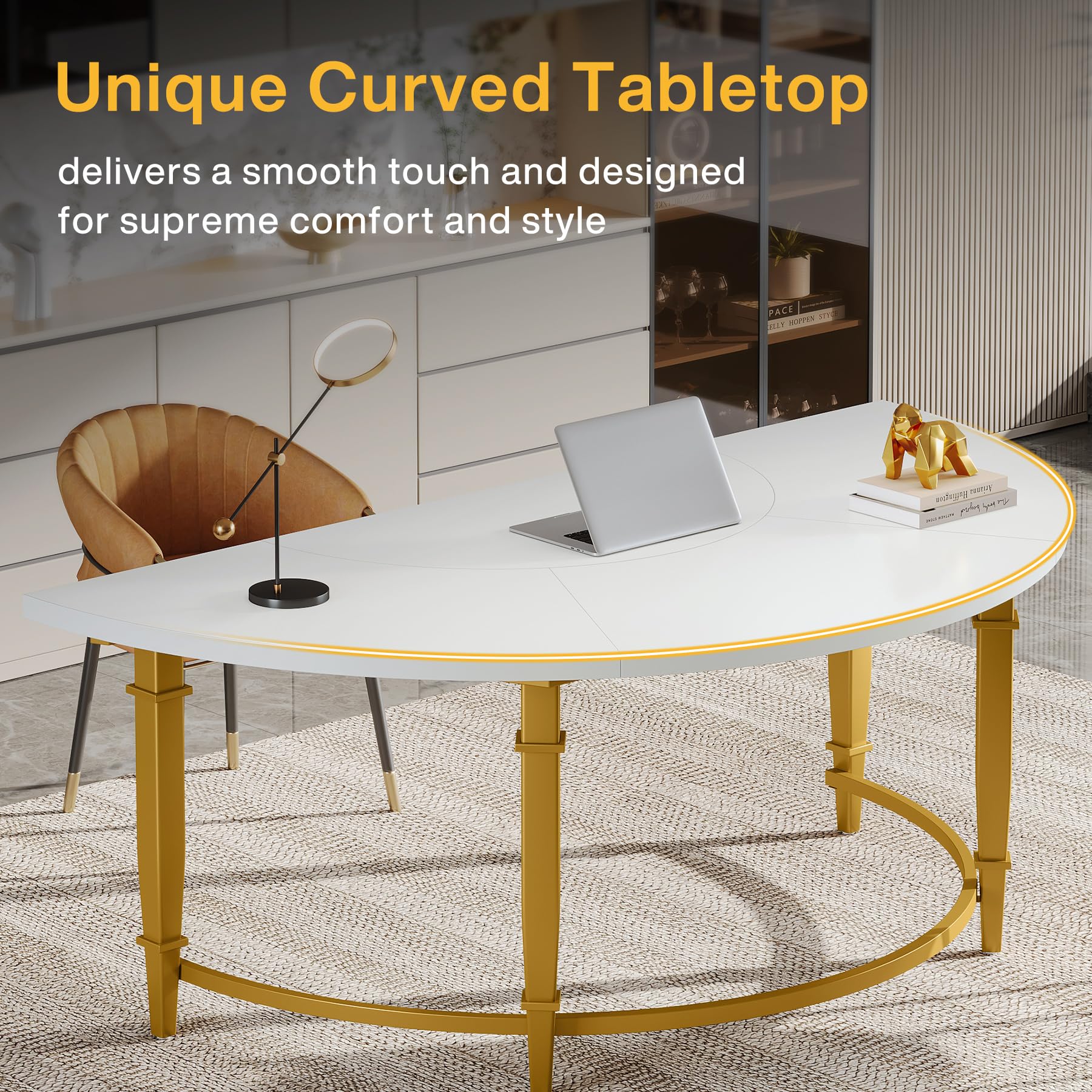 Tribesigns 63 Inch Computer Executive Desk, Modern Simple Study Writing Desk with Half Round Thick Tabletop and Heavy Duty Metal Frame, Large Desk Laptop Table Workstation for Home Office, White/Gold