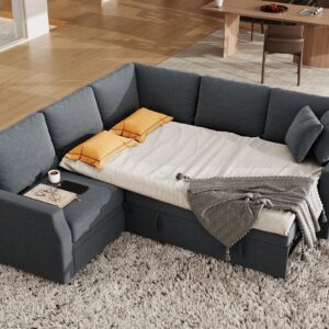 Jocisland Sofa Bed, 85 Inch Sleeper Sofa with Pull Out Bed & Storage Seat, Oversized L Shape Sectional Sofa for Living Room Apartment, Grey Linen Reversible Couch