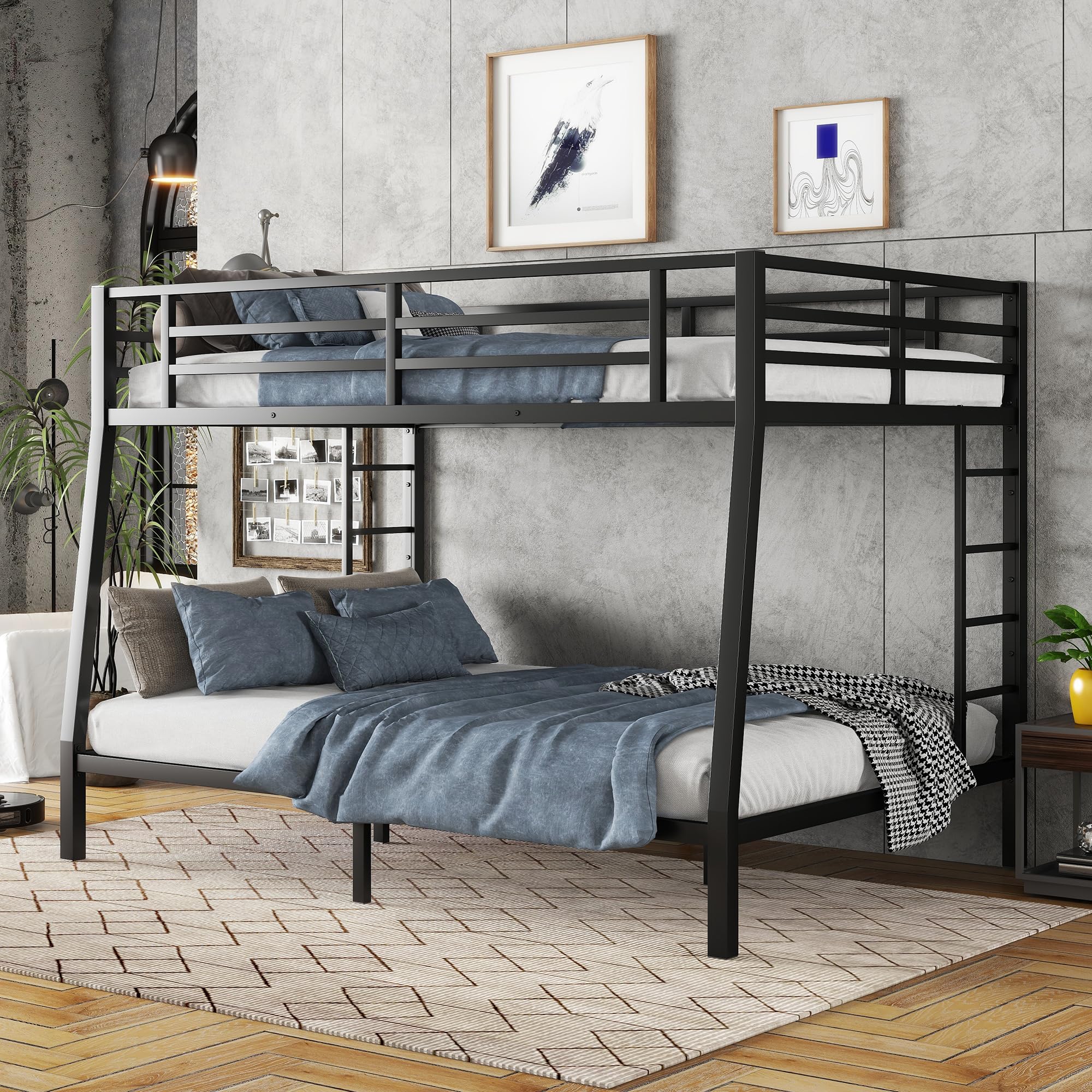 Metal Full XL Over Queen Bunk Beds for Adults,Heavy Duty Adult Bunk Beds,Bunk Bed Full Over Queen with 2 Ladders,Queen Bunk Bed,Bunk beds with Queen Bottom Bed,Noise-Free,Black