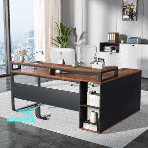 Vagaconl 68 inch Executive Desk,Writing Desk,L Shaped Desk with Cabinet Storage,Studio Office Desk with Shelves, Office Business Furniture Desk Workstation for Home Office, Brown and Black