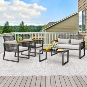 YITAHOME 4-Piece Outdoor Wicker Patio Conversation Furniture Set, All-Weather Wicker Bistro Rattan Loveseat Set with Wooden Armrests, Metal Side Table and Cushions for Backyard, Balcony, Deck, Black