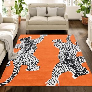 Restoration and Renovation Climbing Jaguar Modern Handmade Wool Rug for Living Room, Bedroom and Dining Room (Orange, 5' x 7')