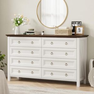 8 drawer dresser for bedroom, 54" farmhouse dresser, rustic chest of drawers, white dresser with barn design, thickened tabletop & round bronze handles, wood dresser for closet, bedroom dressers