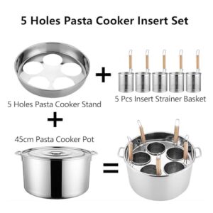 Pasta Cooker Insert Set, Insert Strainer Basket Cookware with Pasta Pot Stand,with Lid for Home Kitchen Restaurant Cooking Noodle Dumpling(5Holes)