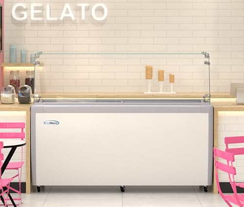 KoolMore KM-GDC-71SD-FG 70 in. 14-Pan Gelato Dipping Cabinet Display Freezer with Sliding Glass Door and Sneeze Guard, 20 cu. ft. ETL Listed