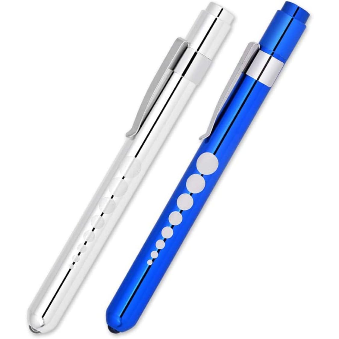 BEAHING Set of 2 LED Tablet Pen Lights with Pupil Gauge Nurse Penlight Doctor Flashlight - Blue and Silver