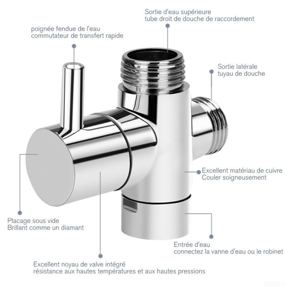 Shower Diverter Valve, T Adapter With Shut Off Valve, 3 Ways Valve For Diverter Bath Toilet Bidet Sprayer Shower Head Metal T Valve Adapter Attachment