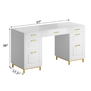 MaverickFurni 57” Executive Desk with 7 Drawers, White Office Desk with Storage Cabinet, File Drawer, Computer Desk for Home Office, Wood Writing Desk, White & Gold