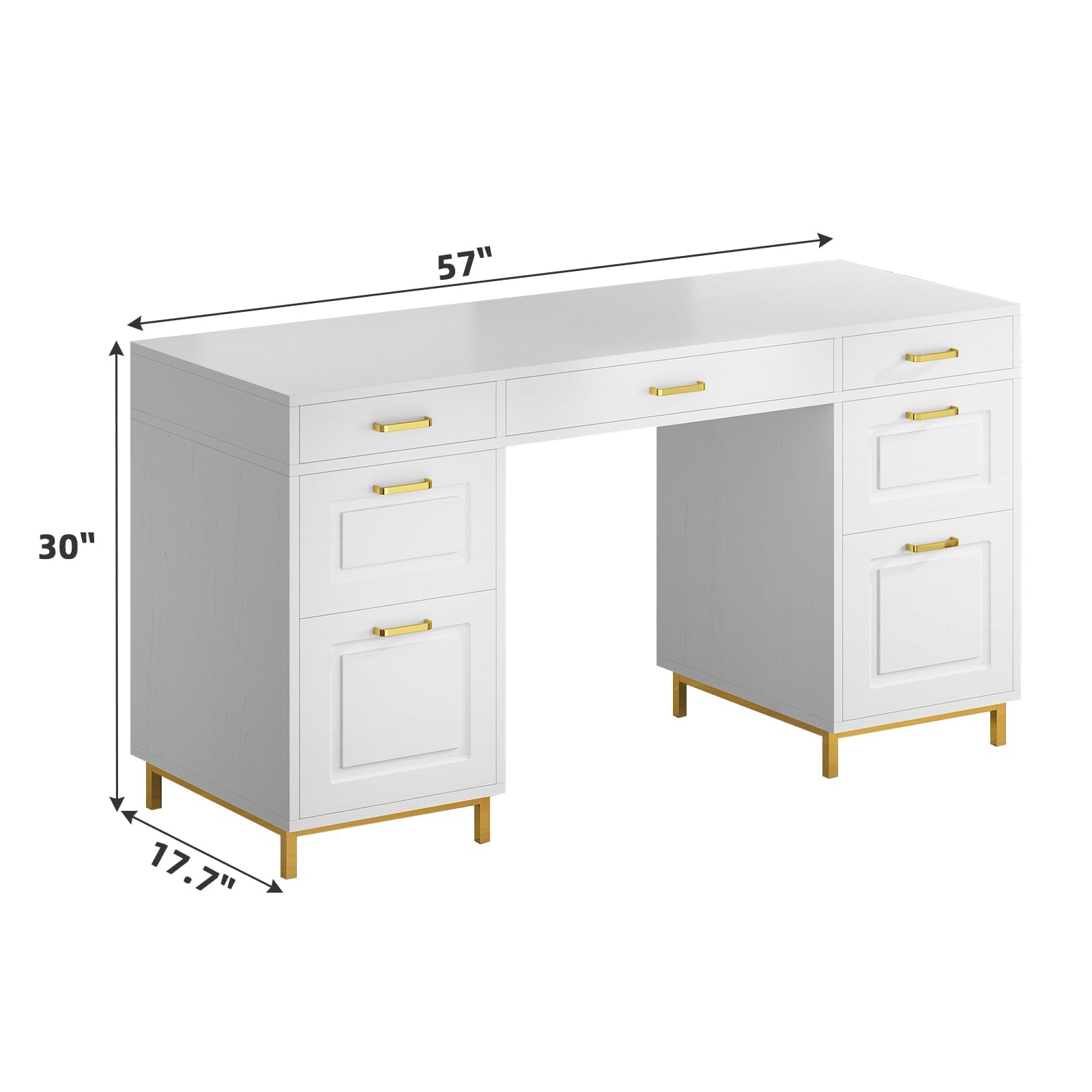 MaverickFurni 57” Executive Desk with 7 Drawers, White Office Desk with Storage Cabinet, File Drawer, Computer Desk for Home Office, Wood Writing Desk, White & Gold