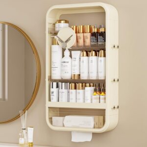 HOLMZCED Wall Storage Rack with Open Storage, Floating Cosmetics Rack with Large Capacity Wall Mounted Storage Shelf with Tissue Hole 4 Tiers Makeup Organizer with Hooks Beige for Bathroom Bedroom