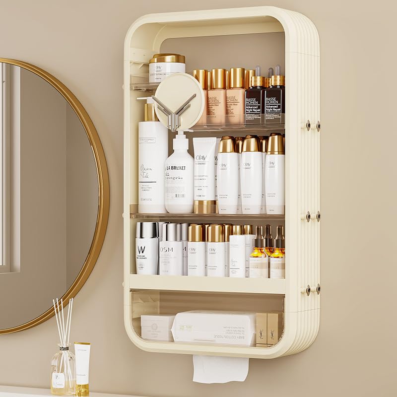 HOLMZCED Wall Storage Rack with Open Storage, Floating Cosmetics Rack with Large Capacity Wall Mounted Storage Shelf with Tissue Hole 4 Tiers Makeup Organizer with Hooks Beige for Bathroom Bedroom