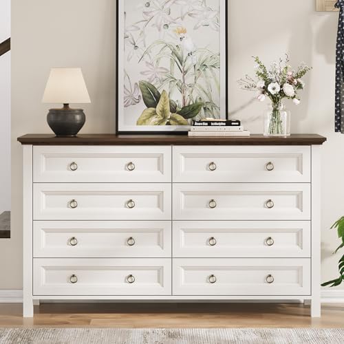 8 Drawer Dresser for Bedroom, 54" Farmhouse Dresser, Rustic Chest of Drawers, White Dresser with Barn Design, Thickened Tabletop & Round Bronze Handles, Wood Dresser for Closet, Bedroom Dressers