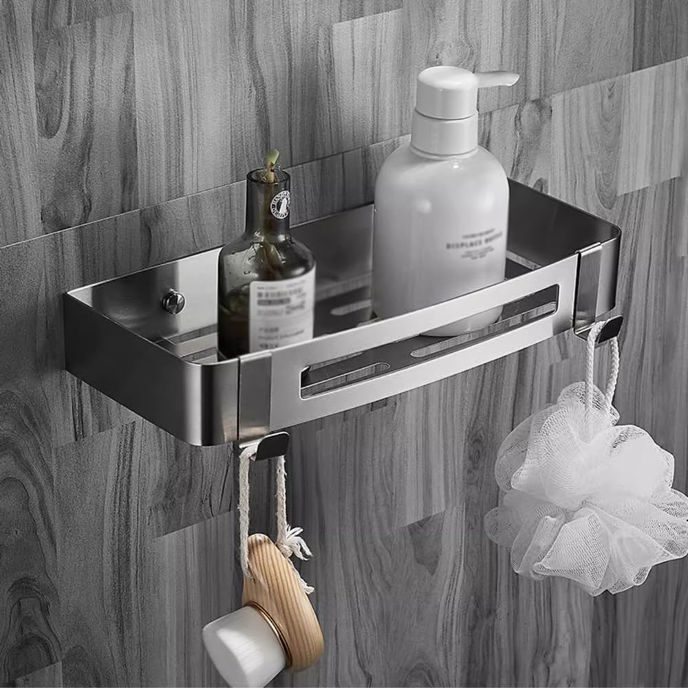 Bathroom Shelves Shower Caddy with 2 Movable Hooks, Adhesive Hanging Shower Shelf, No Drilling Stainless Steel Shower Shelf, Wall Mounted Bathroom Organizers and Storage Shower Caddy(Mirror Finish)