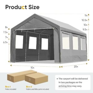 ADVANCE OUTDOOR 10'x20' Heavy Duty Adjustable Height Carport with 6 Roll-up Ventilated Windows & Removable Sidewalls Car Canopy Garage Boat Shelter Party Tent, Peak Height from 9.5ft to 11ft, Grey