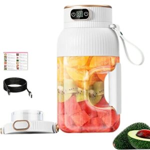 multifunctional portable juicer cup with digital display, personal blender for shakes and smoothies, portable juicer blender with 42.2 oz cup, usb rechargeable, dishwasher safe (white-double lid)