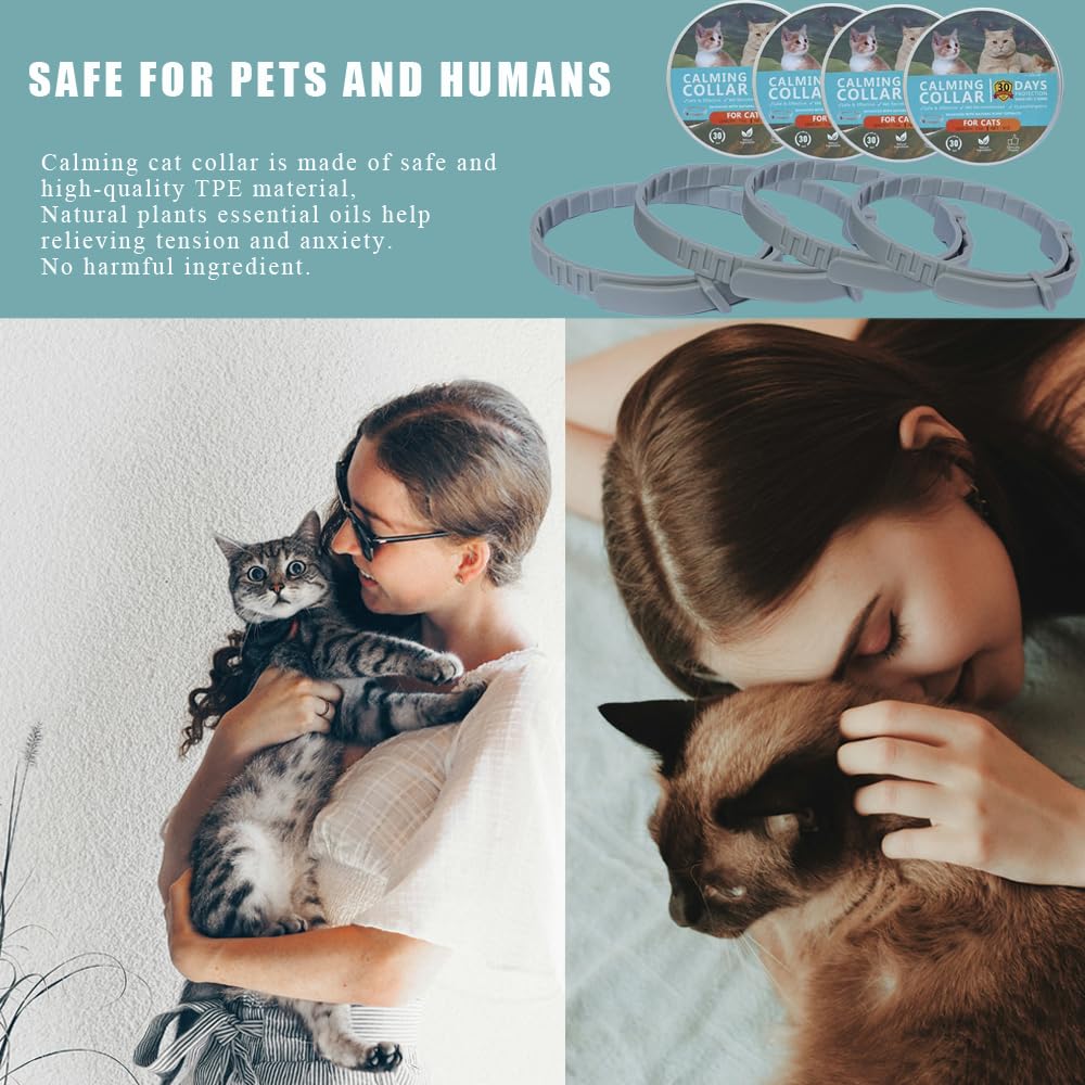 Hemasd Cat Calming Collar for Cats Pheromones Anxiety Relief Calming Collar Cat Relaxer 4 Pack, 60 Days of Calming Each Collar, Adjustable Size for All Cats (Grey)