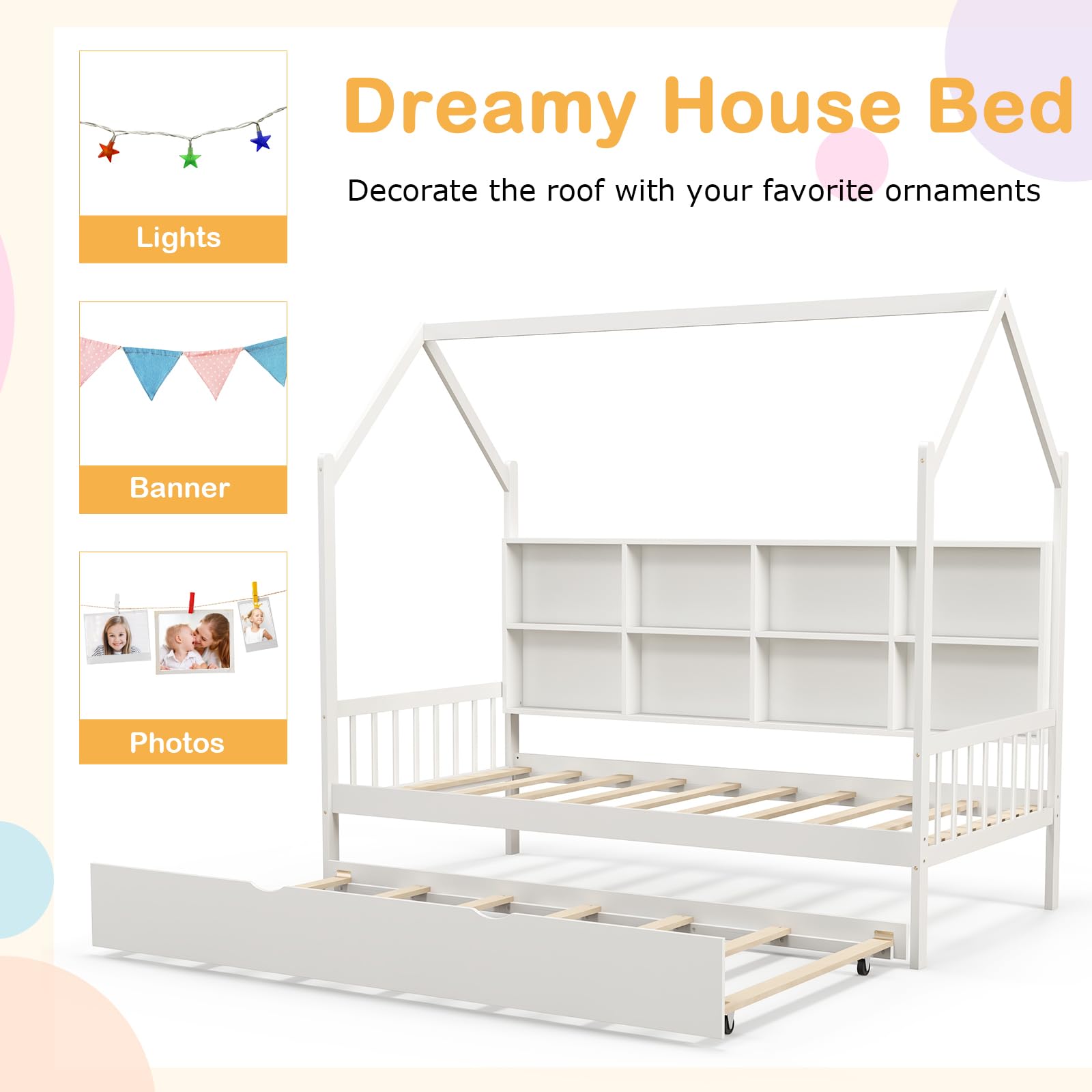 Giantex Twin House Bed with Trundle, Wood Daybed with 8 Cube Storage Bookcase, Montessori Bed, Tent House Bed for Kids Girls Boys, No Box Spring Needed, White