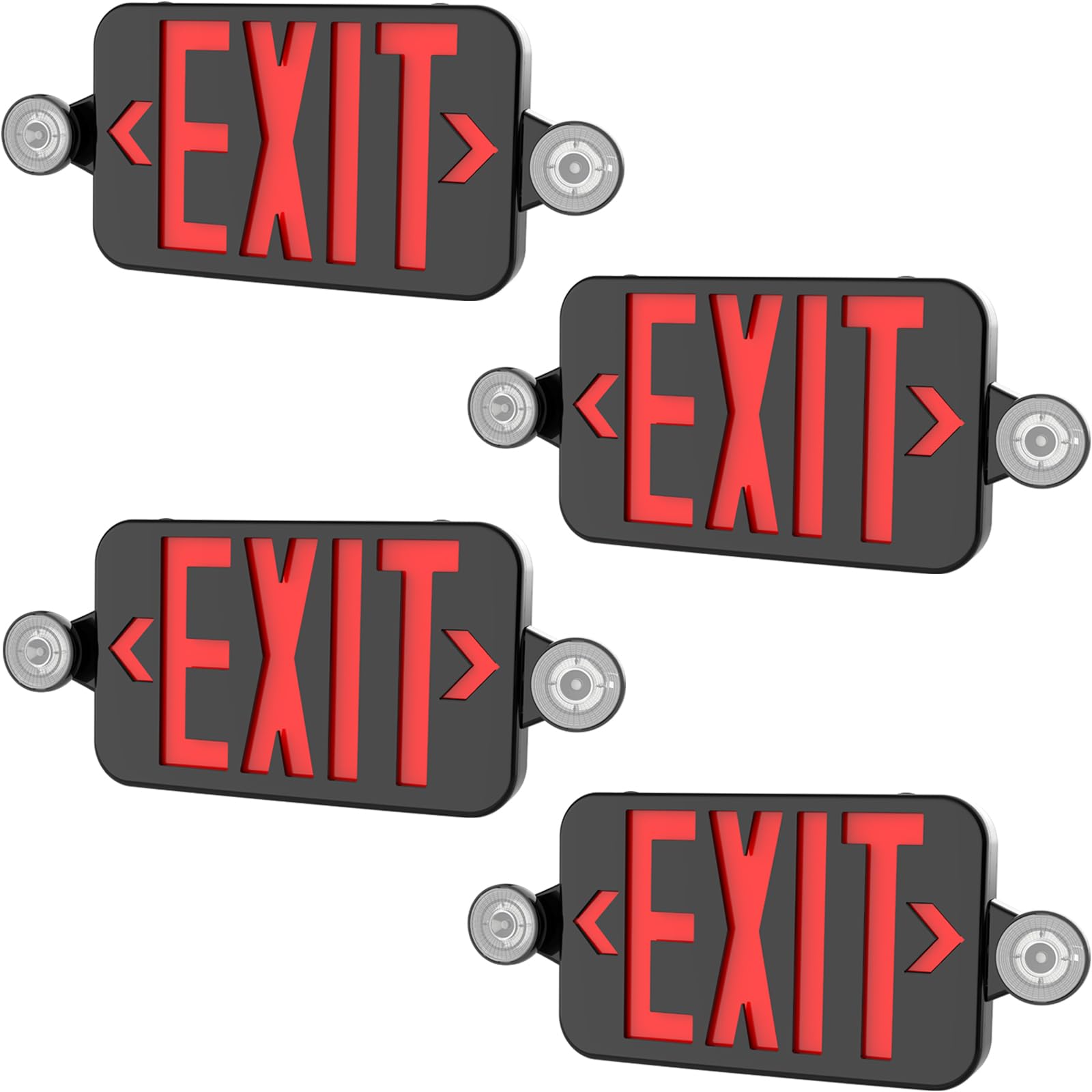 Black LED Exit Sign with Emergency Lights, Adjustable Two LED Head Exit Light with Battery Backup, UL Listed, AC 120/277V, Double Sided Hard Wired Commercial Emergency Light for Business (4 Pack)