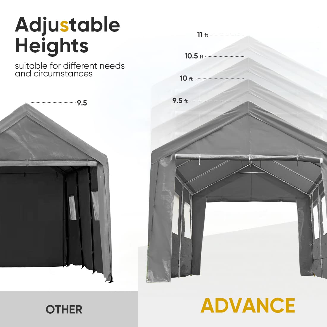 ADVANCE OUTDOOR 10'x20' Heavy Duty Adjustable Height Carport with 6 Roll-up Ventilated Windows & Removable Sidewalls Car Canopy Garage Boat Shelter Party Tent, Peak Height from 9.5ft to 11ft, Grey