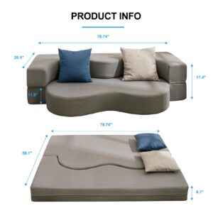 PUREMIND 2-in-1 Queen Folding Floor Sofa Bed, Fold Out Floor Sleeper Sofa Couch Bed for Living Room/Guest Room/Home Office/Van Trip Light Grey