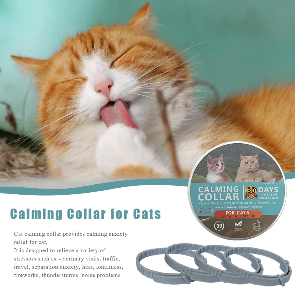 Hemasd Cat Calming Collar for Cats Pheromones Anxiety Relief Calming Collar Cat Relaxer 4 Pack, 60 Days of Calming Each Collar, Adjustable Size for All Cats (Grey)