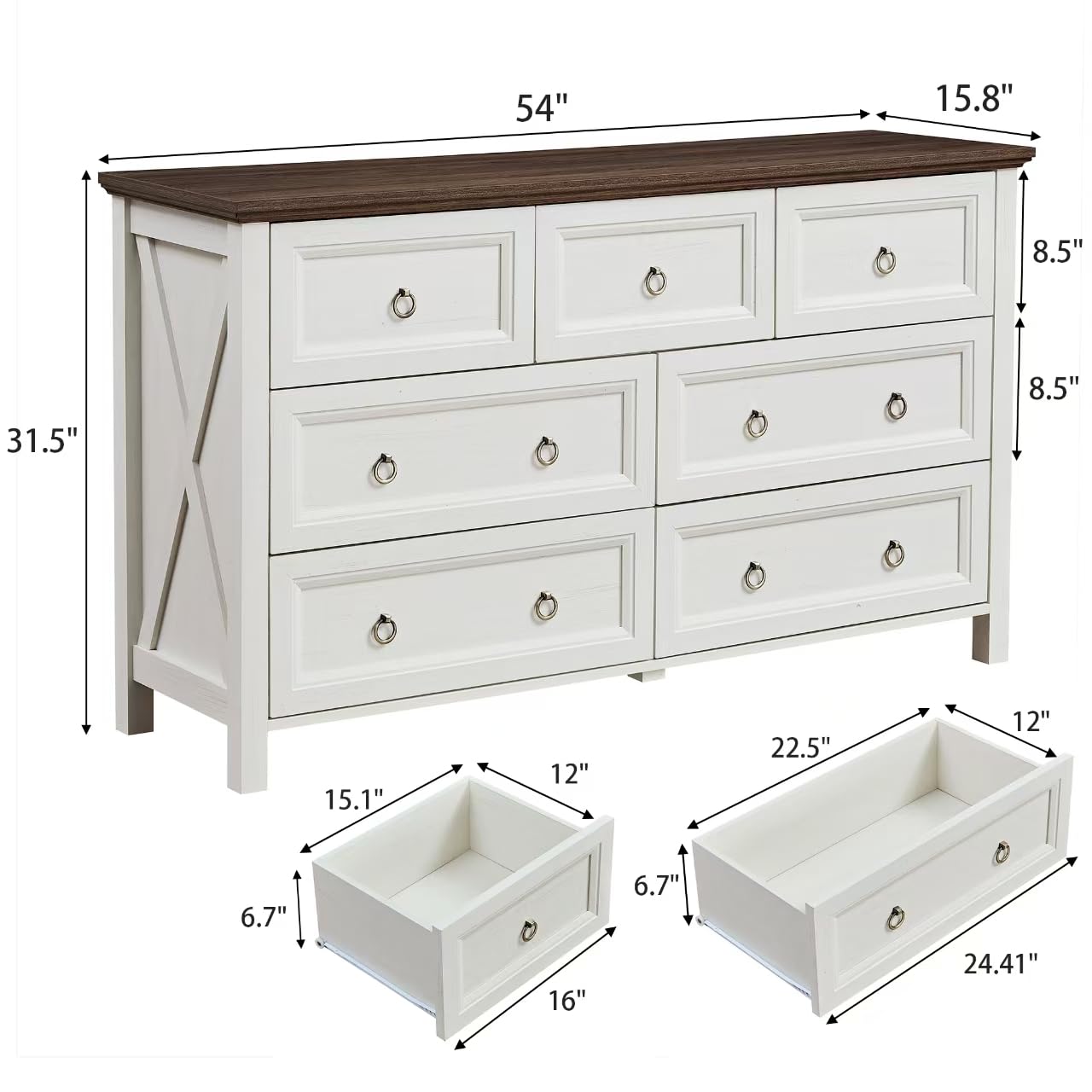 7 Drawer Dresser for Bedroom, 54" Farmhouse Dresser, Rustic Chest of Drawers, White Dresser with Barn Design, LargeTabletop & Antique Bronze Handles, Wood Dresser for Closet, Bedroom Dressers