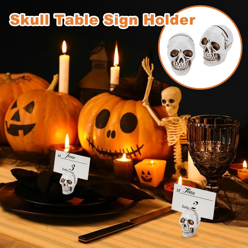 AHANDMAKER 3 pcs Skull Table Card Holder Clip for Cards on The Table Top Resin Skull Table Number Holder, Spooky Desktop for Party Graveyard Halloween Decoration