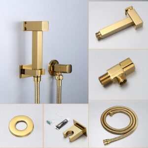 Handheld Bidet Sprayer Kit Gold Single Handle Bidet Tap Sprayer Wall Mounted Cold Water Sprayer with Button Toilet Bidet Douche Spray, Double Outlet