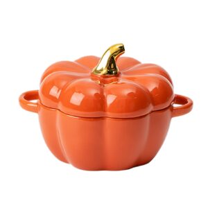 Pumpkin Dutch Oven Pot with Lid, Ceramic Pumpkin Pottery Dessert Saucepan with Handels, Cute Pumpkin Bowl Pumpkin Baking Dish (Orange)