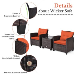 RELAX4LIFE 3 Piece Patio Furniture Set, Wicker Bistro Conversation Set w/2 Cushioned Armchairs & Glass Topped Table, Outdoor Rattan Sofa Set Patio Furniture for Porch Balcony Poolside (Orange)