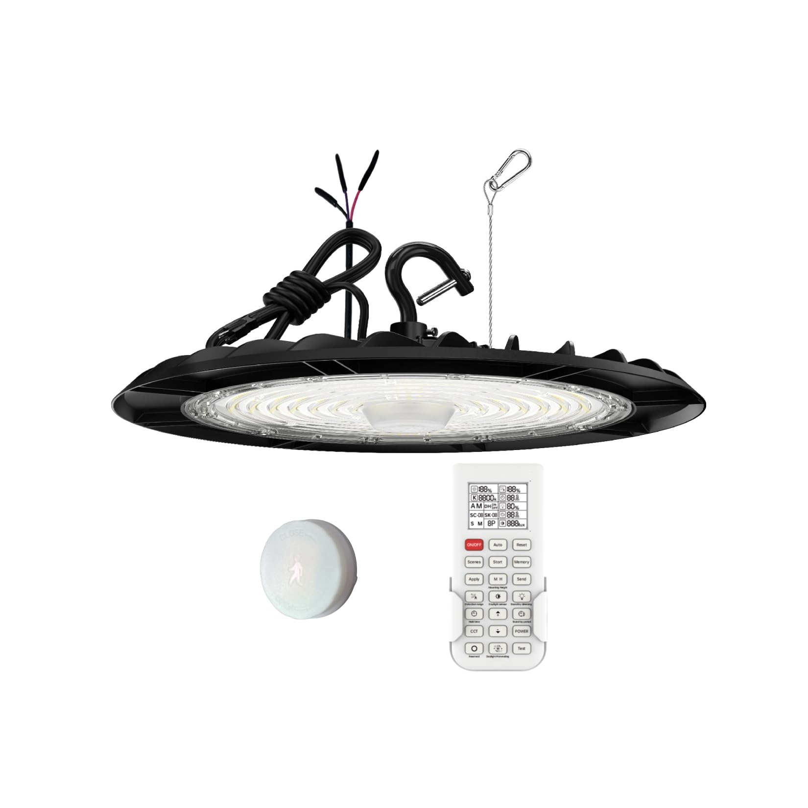 Hylele UFO LED High Bay Shop Light 200W/150W/100W Adjustable 6000K/5000K/4000K Dimmable Commercial Bay Lighting 100-277V Plug&Play, Microwave Motion Sensor with Remote Control