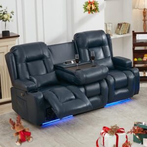 ipkig power loveseat recliner - 76.8" reclining loveseat 3-seater recliner sofa with 4 colors led strip, ac outlets, usb-a/c ports and cup holders for living room home theater (blue, 3-seater)