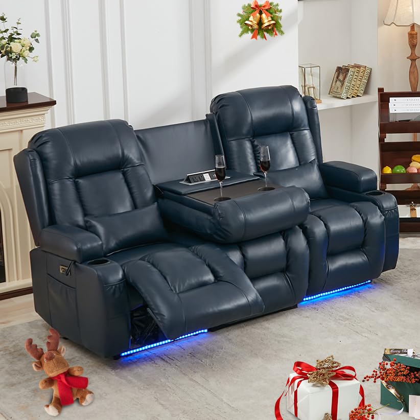 IPKIG Power Loveseat Recliner - 76.8" Reclining Loveseat 3-Seater Recliner Sofa with 4 Colors LED Strip, AC Outlets, USB-A/C Ports and Cup Holders for Living Room Home Theater (Blue, 3-Seater)